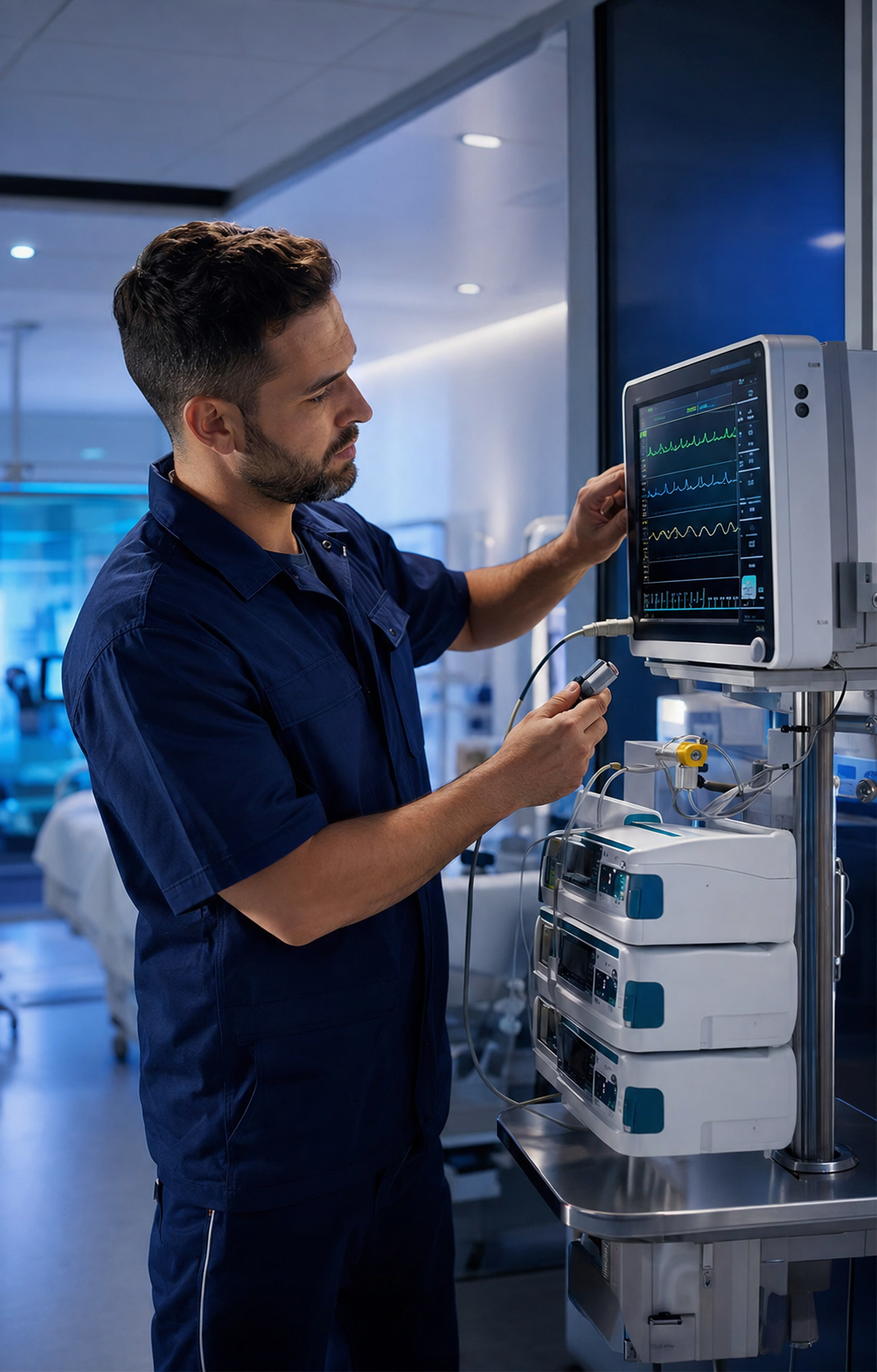 Técnico calibrando monitor multiparâmetro